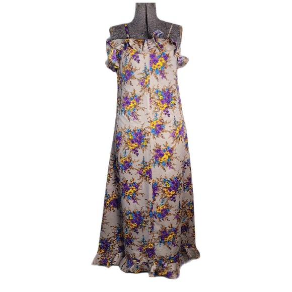 Handmade Dresses & Skirts - Vintage 60s 70s Handmade Maxi Dress Beige Floral Ruffles Purple Yellow S